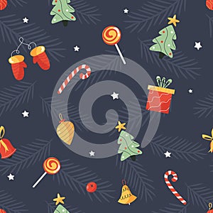 Holiday seamless pattern with Christmas toys and decorative elements, symbols. Vector illustration