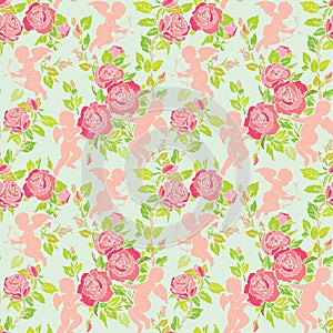 Holiday Seamless pattern with cute angels and pink roses flowers