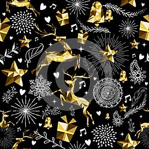 Holiday seamless pattern gold low poly deer retro