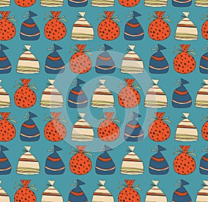 Holiday seamless pattern with sacks of gifts. Template for cartoons, crafts, surface textures, web pages backgrounds