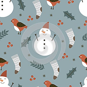 holiday seamless pattern with snowman, bird, sock, decorative elements. Colorful vector, flat style. hand drawing.