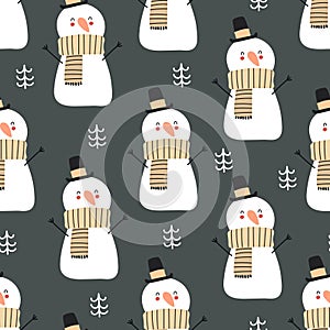 Holiday seamless pattern with snowman, christmas tree, decorative elements. Colorful vector, flat style. hand drawing.