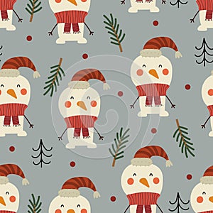 Holiday seamless pattern with snowman, christmas tree, decorative elements. Colorful vector, flat style. hand drawing. design for