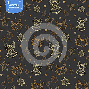 Holiday seamless pattern with bells, Christmas balls and stars in golden colors on dark background