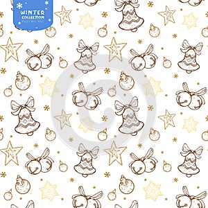 Holiday seamless pattern with bells, Christmas balls and stars in golden colors on white background