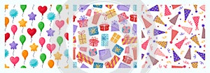 Holiday seamless vector pattern set. Festive elements - colorful balloons, gift boxes and presents, funny party hats and confetti