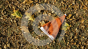 Holiday season is coming soon. A conceptual background photo of Santa Claus hat on yellow leaves in fall. Last day of autumn  and