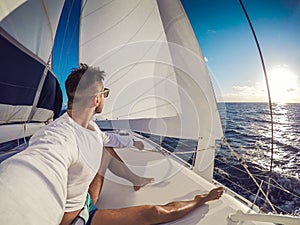 Holiday selfie on Sailing yacht catamaran