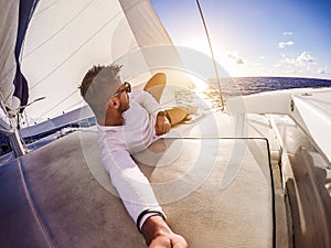 Holiday selfie on Sailing yacht catamaran