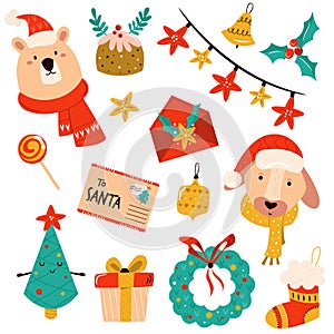 Holiday set with cute characters and decorative Christmas elements. Festive vector illustrations