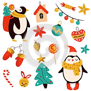 Holiday set with cute penguins and decorative Christmas elements. Festive vector illustrations