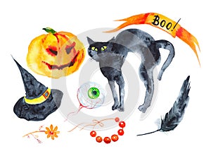 Holiday set for Halloween, pumpkin, black cat, hat, feather, eye, beads, flower .Watercolor illustration isolated on white