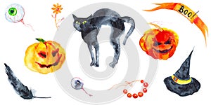 Holiday set for Halloween, pumpkin, black cat, hat, feather, eye, beads, flower .Watercolor illustration isolated on white