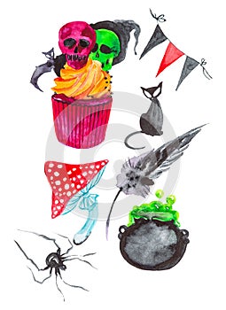 Holiday set for Halloween, spider, black cat, bat, ice cream with skulls, fly agaric, black feather, potion pot, flags .Watercolor