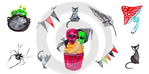 Holiday set for Halloween, spider, black cat, bat, ice cream with skulls, fly agaric, black feather, potion pot, flags .Watercolor