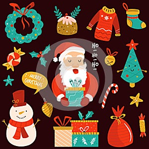 Holiday set with Santa Claus, cute snowman and decorative Christmas elements. Festive vector illustrations