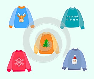 Holiday set with ugly Christmas sweaters. Knitted winter jumpers.