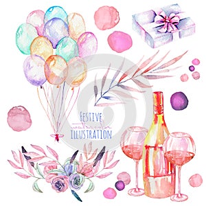 Holiday set of watercolor gift box, air balloons, champagne bottles, wine glasses and floral elements in pink and purple shadows