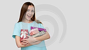 Holiday shopping festive bonus delighted woman