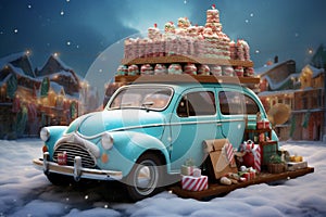 holiday snow candy car winter retro christmas gift festive merry. Generative AI.