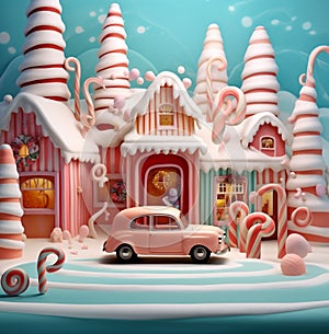 holiday snow car retro winter candy christmas festive gift merry. Generative AI.