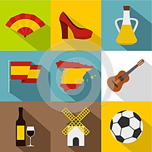 Holiday in Spain icons set, flat style