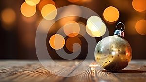 Holiday sparkle gold christmas ball on a wooden table