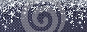 Holiday sparkling silver decoration. Falling glitter dust, stars and snowflakes. Christmas border.