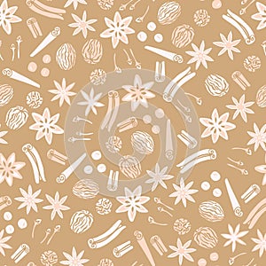 Holiday spices seamless vector repeat pattern background with star anise, cinnamon, nutmeg and clove.
