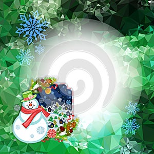 Holiday square christmas card with funny snowman and winter village landscape on a colorful mosaic background.