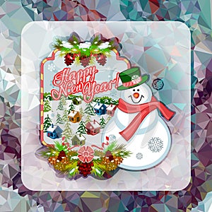 Holiday square christmas card with funny snowman and winter village landscape on a colorful mosaic background.