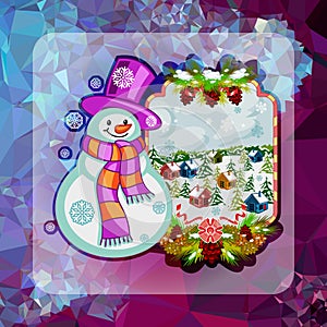 Holiday square christmas card with funny snowman and winter village landscape on a colorful mosaic background.