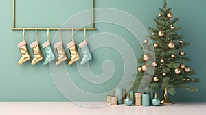 Holiday Stockings With Decorations On Wooden Rack And Turquoise Tree