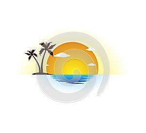 Holiday summer beach coconut palm tree vector logo design, Hotel tourism. Sunrise, shore.