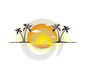 Holiday summer beach coconut palm tree vector logo design, Hotel tourism. Sunrise, shore.