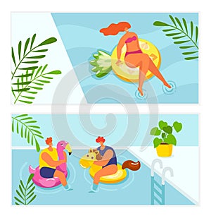 Holiday summer relax in water pool, vacation travel vector illustration. Girl woman man sunbathing at beach, people