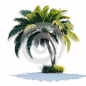 holiday summer travel vacation illustration depicts a palm tree on a beach with the ocean in the background.