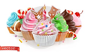 Holiday. Sweet dessert. Cake, cupcake. 3d vector