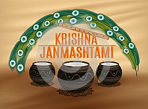 Holiday Symbols Krishna Janmashtami. Broken Pot of yoghurt, peacock feather, flute and sweets. Vector illustration