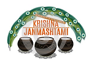 Holiday Symbols Krishna Janmashtami. Broken Pot of yoghurt, peacock feather, flute and sweets. Vector illustration