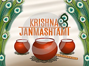 Holiday Symbols Krishna Janmashtami. Broken Pot of yoghurt, peacock feather, flute and sweets. Vector illustration