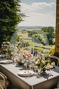 Holiday tablescape, formal dinner table setting, peony flowers table scape with peonies decoration for wedding party and event