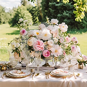 Holiday tablescape, formal dinner table setting, peony flowers table scape with peonies decoration for wedding party and event