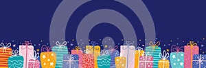 Holiday template a horizontal banner or card. Frame of a large pile of gifts, confetti and stars on a dark blue background. Design