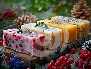 Holiday-themed artisan soap bars with natural berry inclusions.