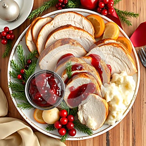 A holiday themed platter with roasted turkey slices cranberry sauce and mashed potatoes photo