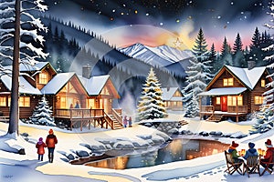 Holiday-Themed Watercolor Showcasing a Festive Winter Scene, Snowflakes Gently Landing on Evergreen Boughs