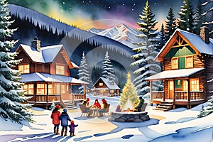 Holiday-Themed Watercolor Showcasing a Festive Winter Scene, Snowflakes Gently Landing on Evergreen Boughs