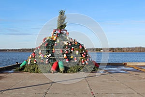 A holiday trap tree, an east coast tradition started in Nova Scotia Canada made of lobster traps and buoys.