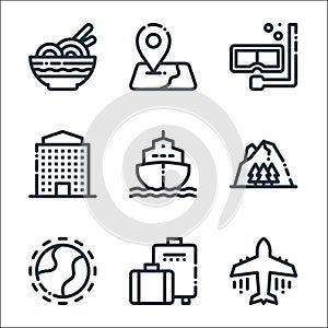 Holiday and travel line icons. linear set. quality vector line set such as plane, travel bag, world, mountain, ship, apartment,
